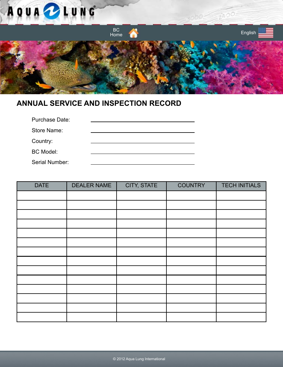 Annual service and inspection record | Aqua Lung Dimension i3 / Lotus i3 BC User Manual | Page 7 / 41