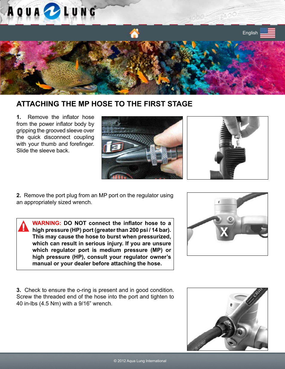 Attaching the mp hose to the first stage | Aqua Lung Pearl BC User Manual | Page 11 / 34