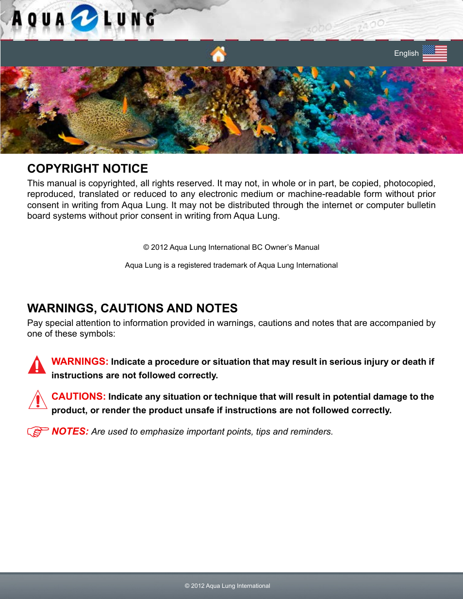 Copyright notice warnings, cautions and notes, Copyright notice | Aqua Lung Pearl BC User Manual | Page 2 / 34