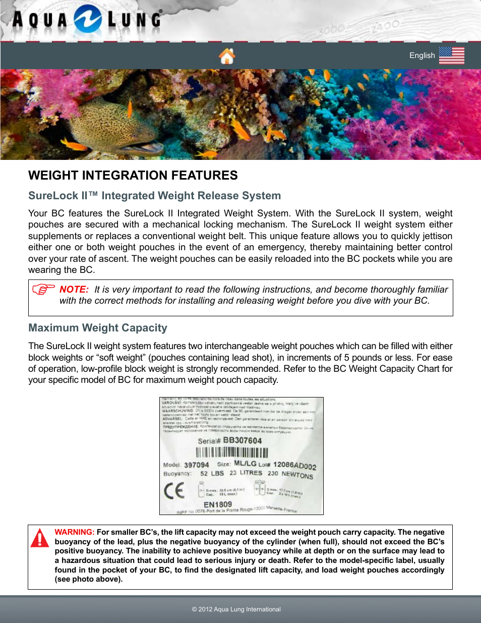 Weight integration features, Surelock ii™ integrated weight release system, Maximum weight capacity | Aqua Lung Pearl BC User Manual | Page 20 / 34