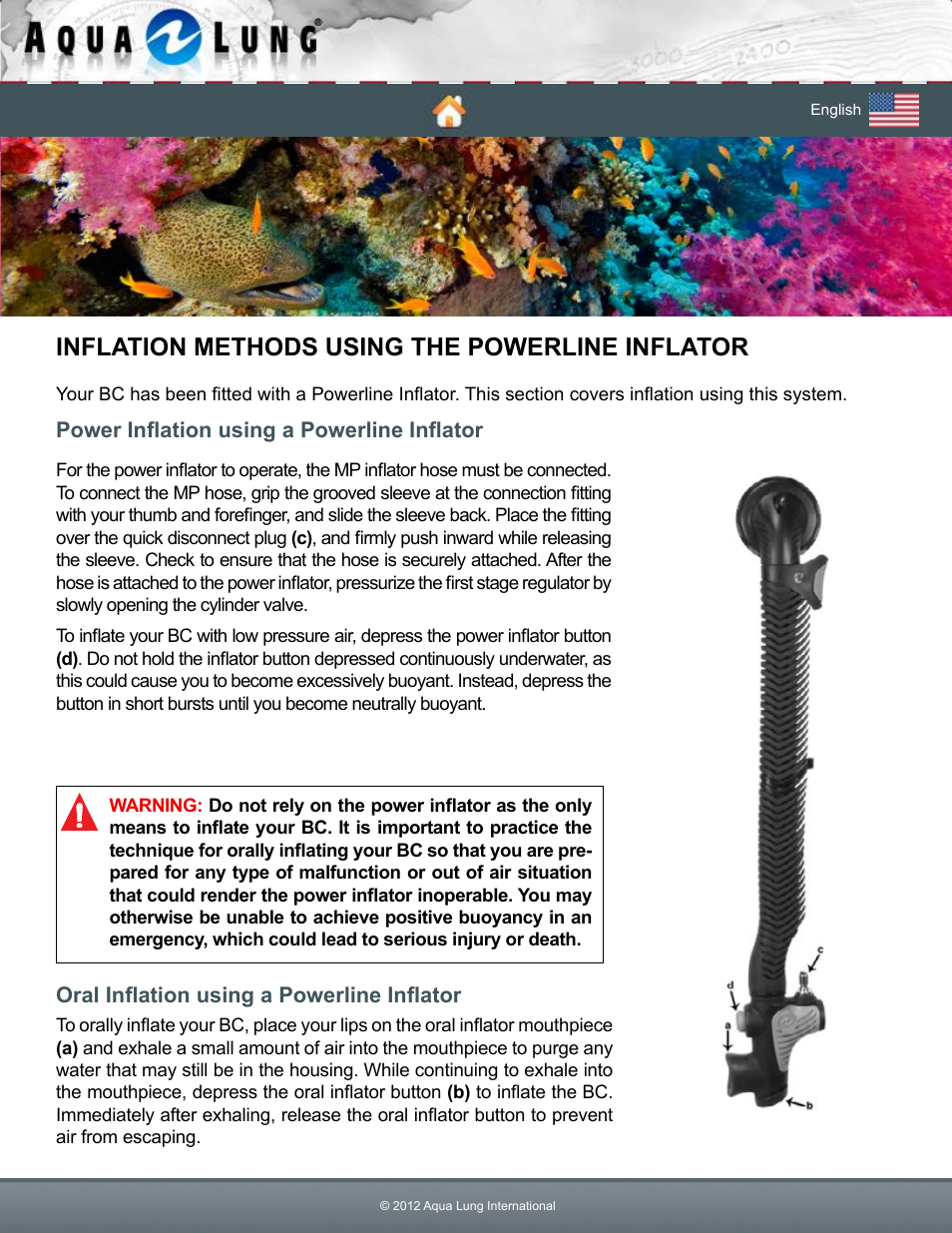 Inflation methods using the powerline inflator | Aqua Lung Pearl BC User Manual | Page 27 / 34