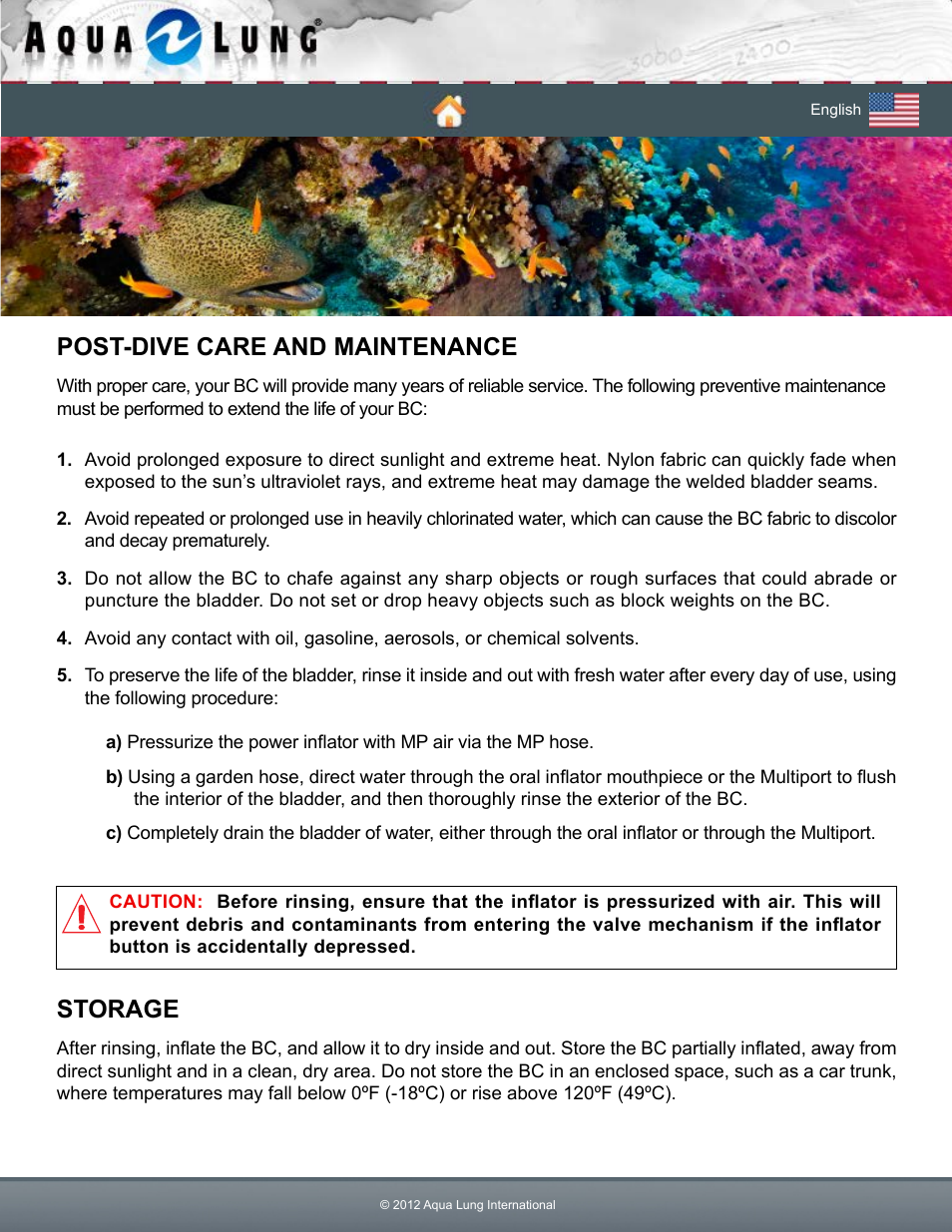 Post-dive care and maintenance storage, Post-dive care and maintenance, Storage | Aqua Lung Pearl BC User Manual | Page 34 / 34