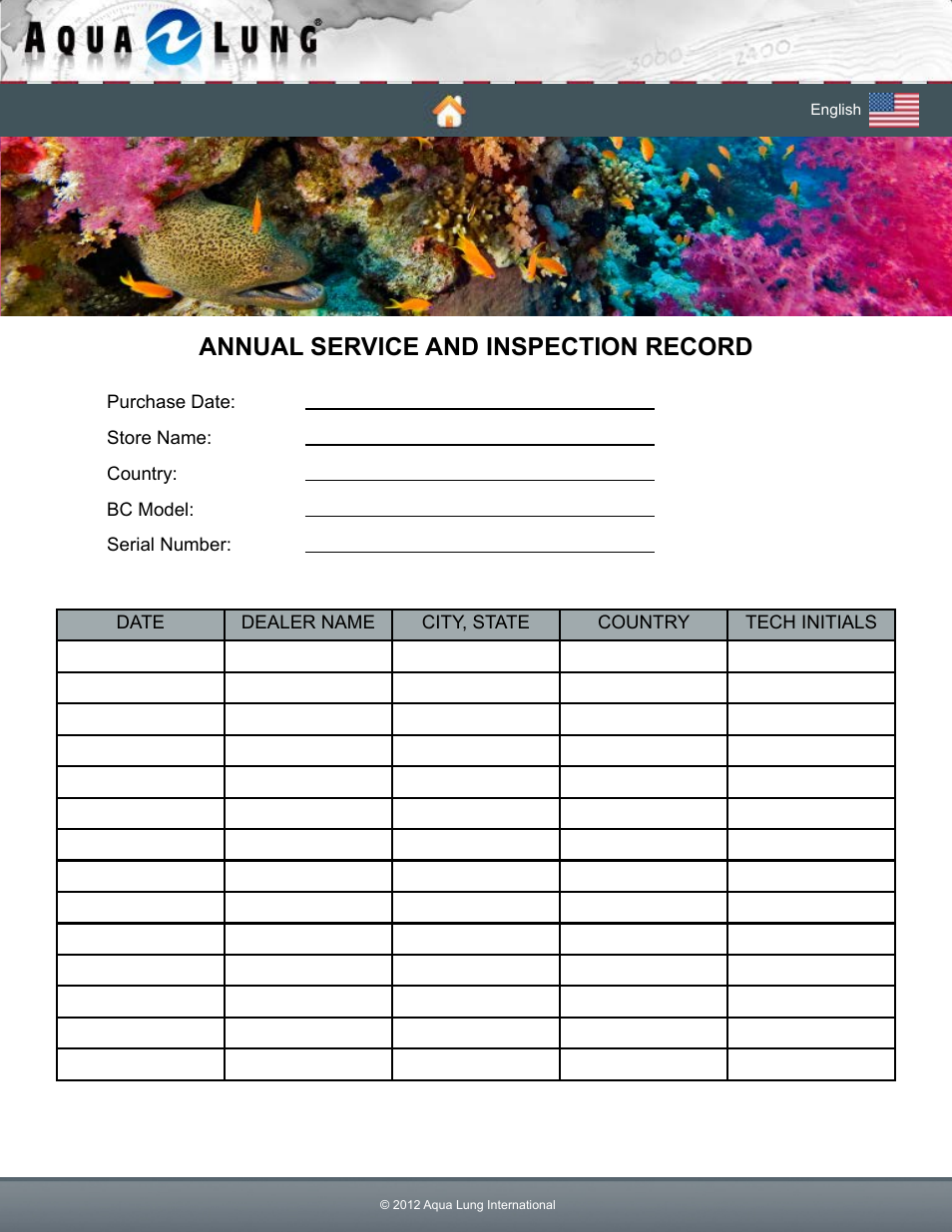 Annual service and inspection record | Aqua Lung Pearl BC User Manual | Page 7 / 34