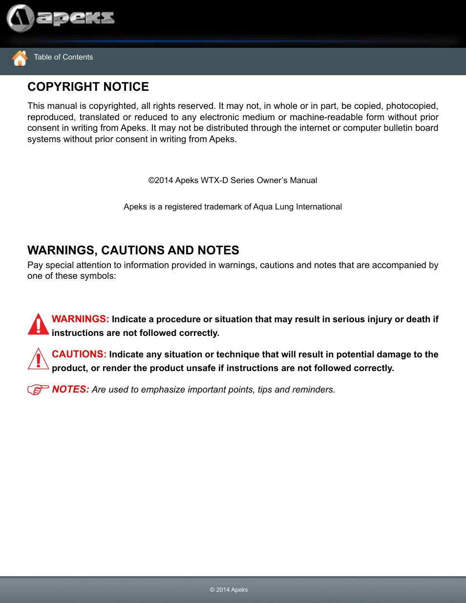Copyright notice warnings, cautions and notes, Copyright notice | Aqua Lung WTX-D Buoyancy System User Manual | Page 2 / 42