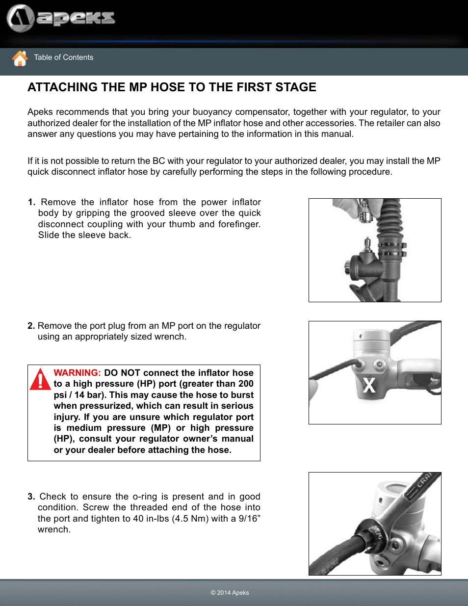 Attaching the mp hose to the first stage | Aqua Lung WTX-D Buoyancy System User Manual | Page 32 / 42