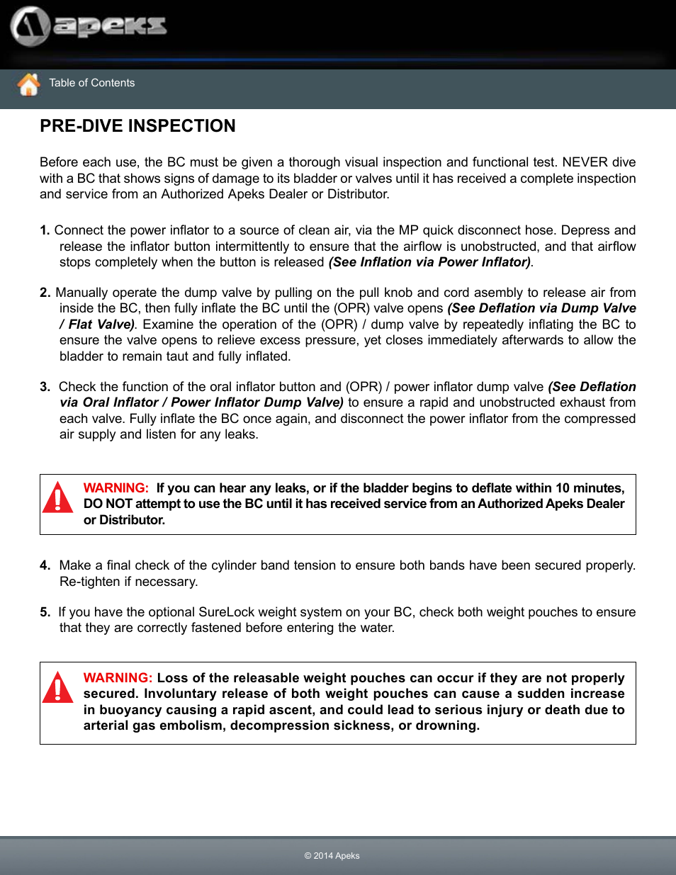 Pre-dive inspection | Aqua Lung WTX-D Buoyancy System User Manual | Page 37 / 42