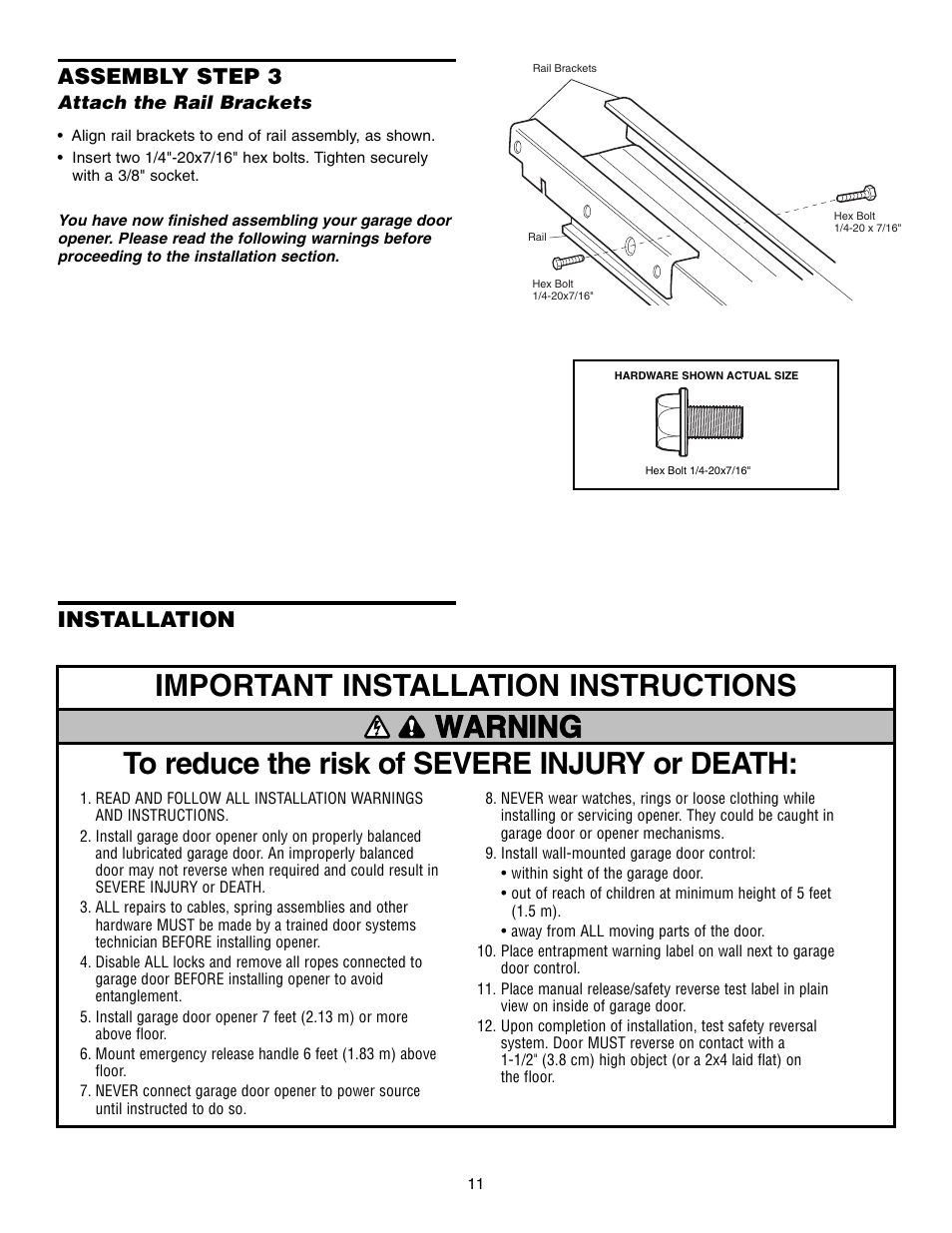 Attach the rail brackets, Installation, Assembly step 3 | Chamberlain 995XD User Manual | Page 11 / 40