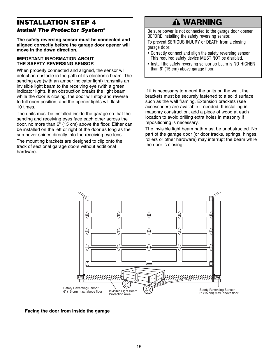 Install the protector system, Warning caution warning warning, Installation step 4 | Chamberlain 995XD User Manual | Page 15 / 40