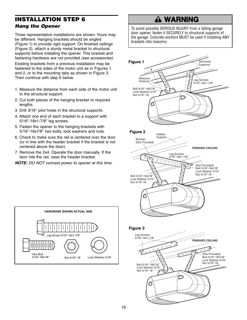 Hang the opener, Warning caution warning warning, Installation step 6 | Chamberlain 995XD User Manual | Page 19 / 40