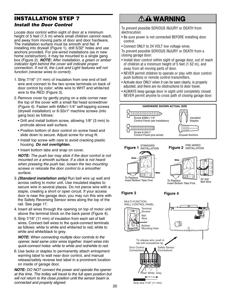 Install the door control, Warning caution warning warning, Installation step 7 | Chamberlain 995XD User Manual | Page 20 / 40