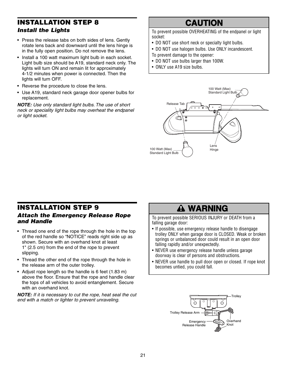 Install the lights, Attach the emergency release rope and handle, Warning caution warning warning | Installation step 8, Installation step 9 | Chamberlain 995XD User Manual | Page 21 / 40