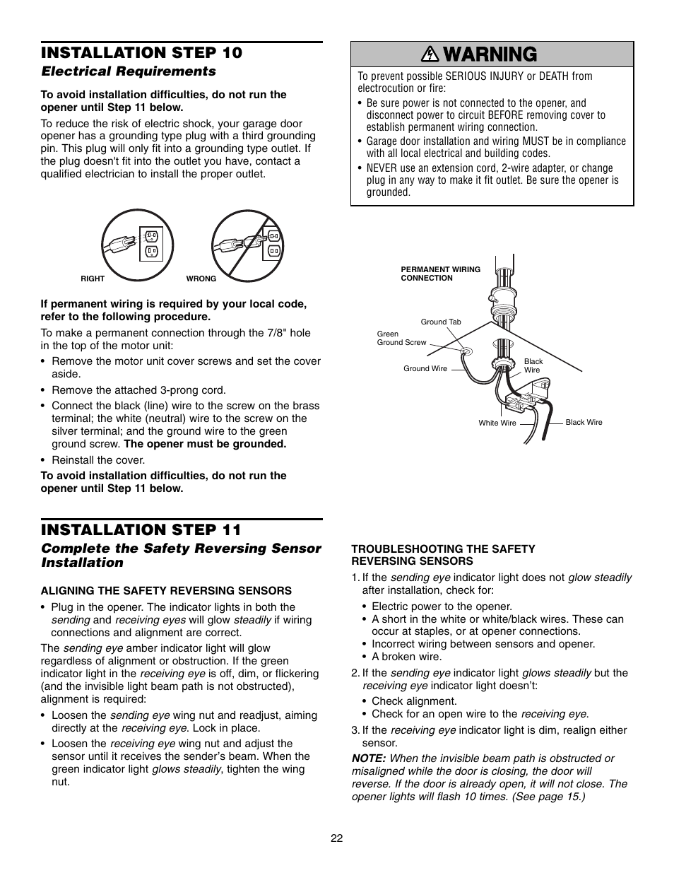 Electrical requirements, Complete the safety reversing sensor installation, Warning caution warning warning | Installation step 10, Installation step 11 | Chamberlain 995XD User Manual | Page 22 / 40