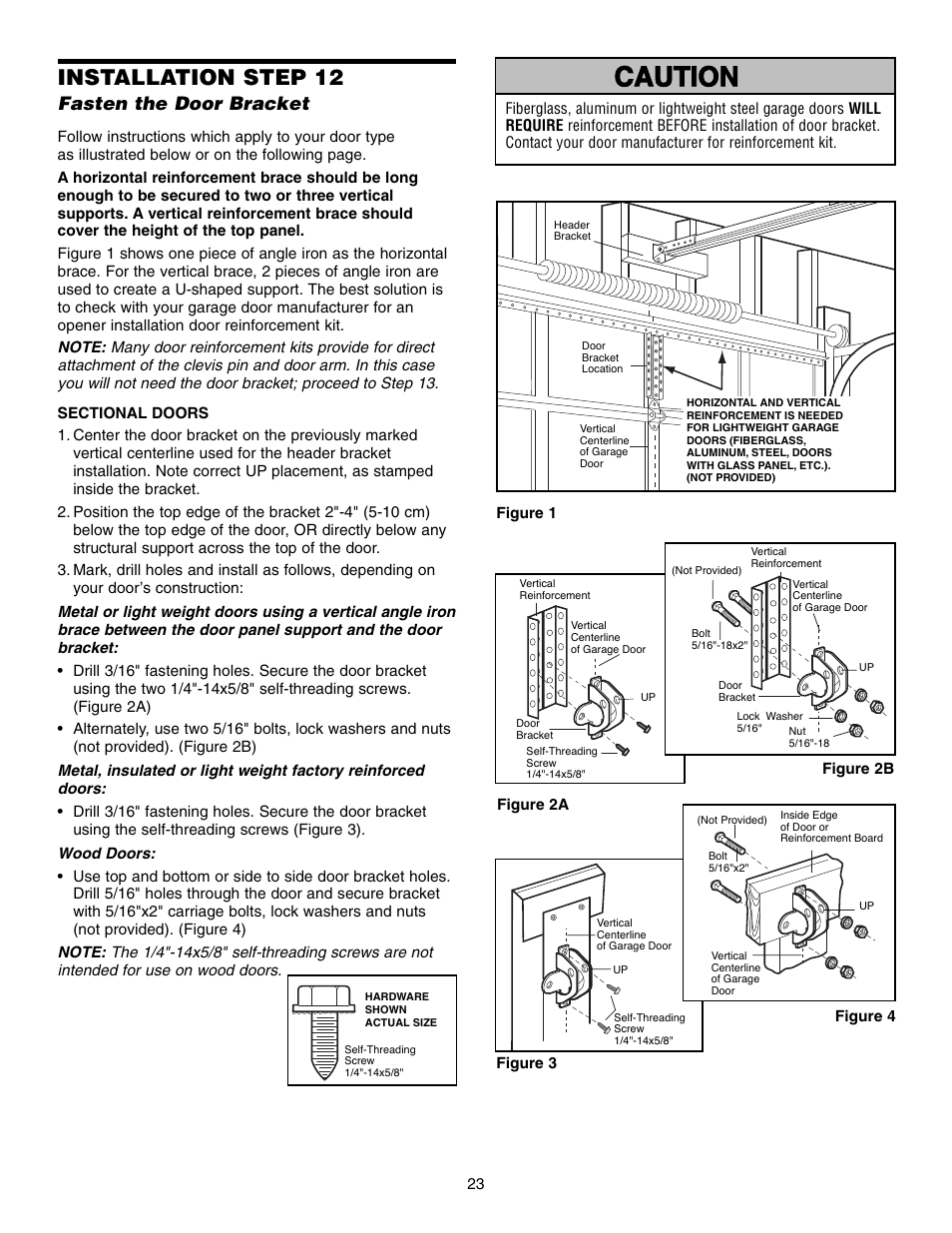 Fasten the door bracket, Sectional doors, Warning caution warning warning | Installation step 12 | Chamberlain 995XD User Manual | Page 23 / 40