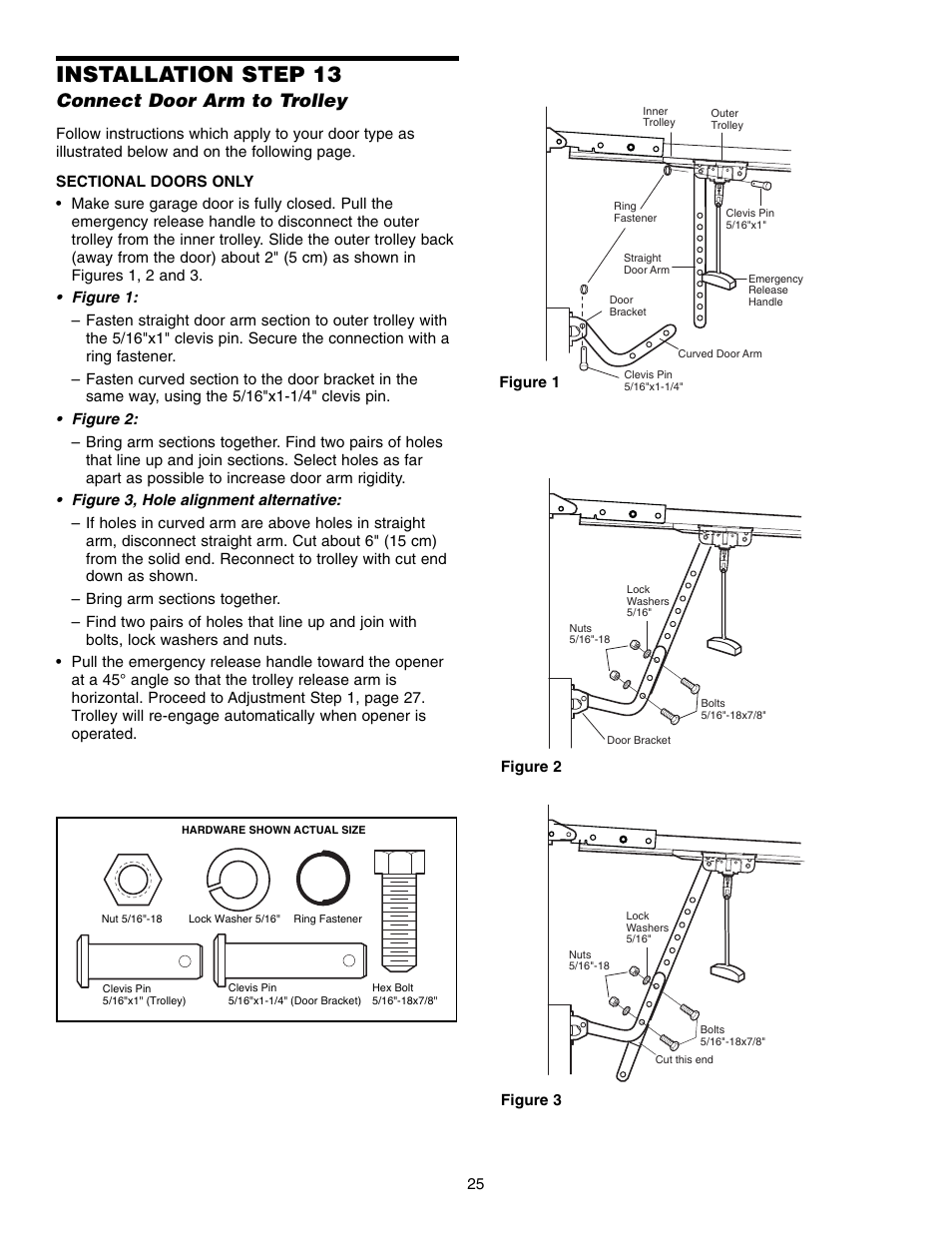 Connect door arm to trolley, Sectional doors only, Installation step 13 | Chamberlain 995XD User Manual | Page 25 / 40