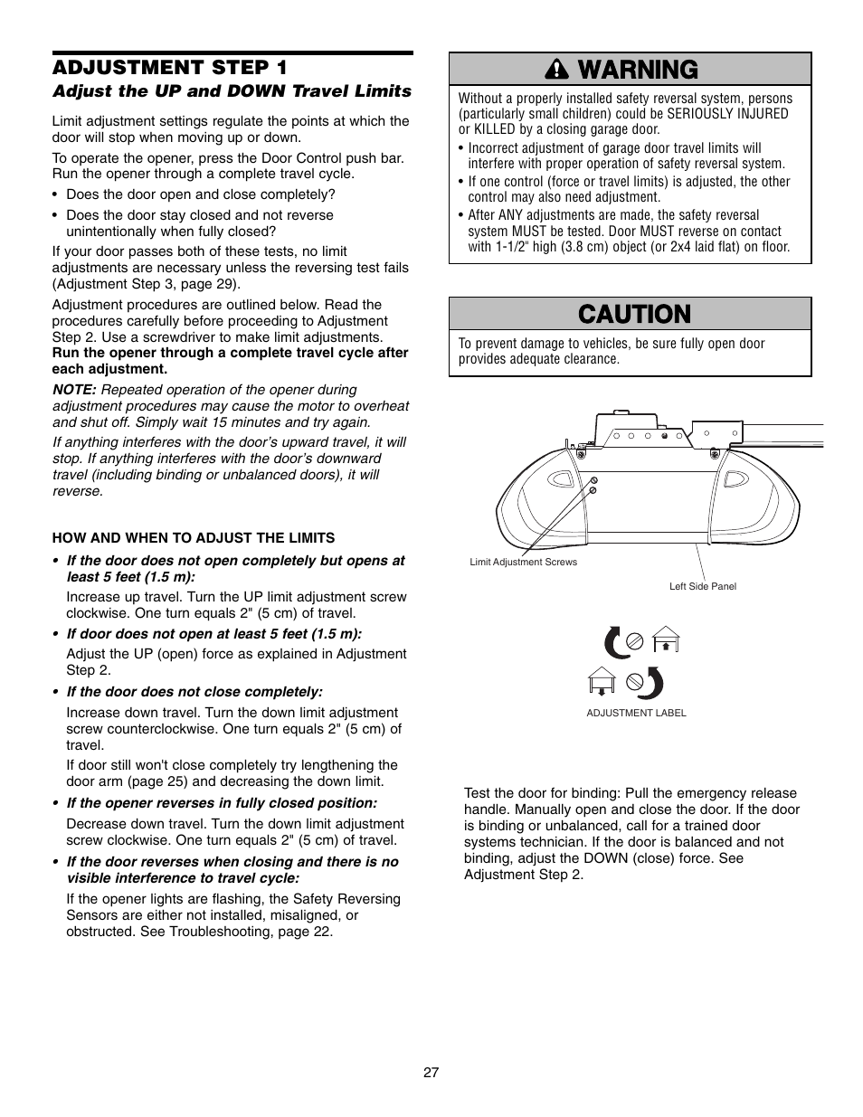 Adjustment, Adjust the up and down travel limits, Warning caution warning warning | Adjustment step 1 | Chamberlain 995XD User Manual | Page 27 / 40
