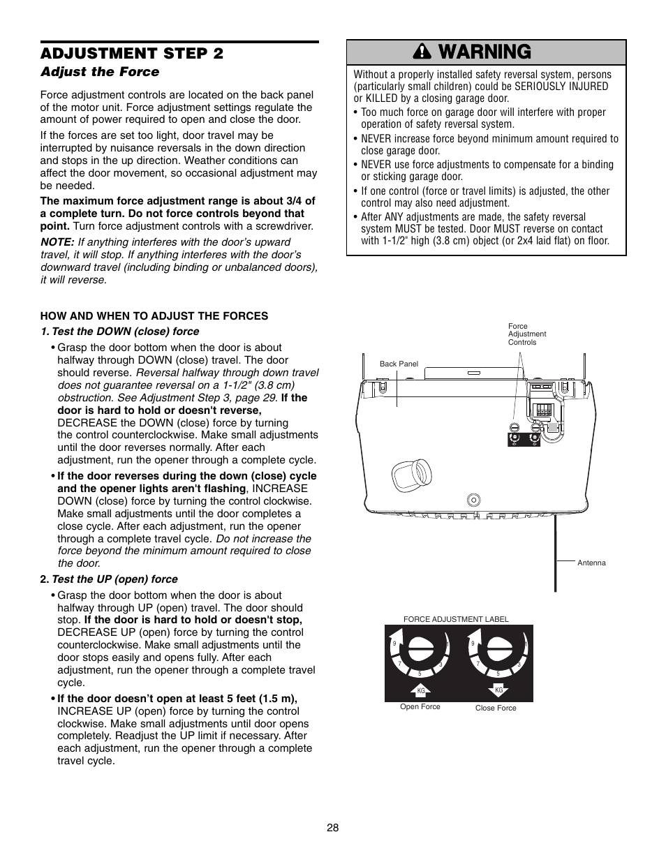 Adjust the force, Warning caution warning warning, Adjustment step 2 | Chamberlain 995XD User Manual | Page 28 / 40