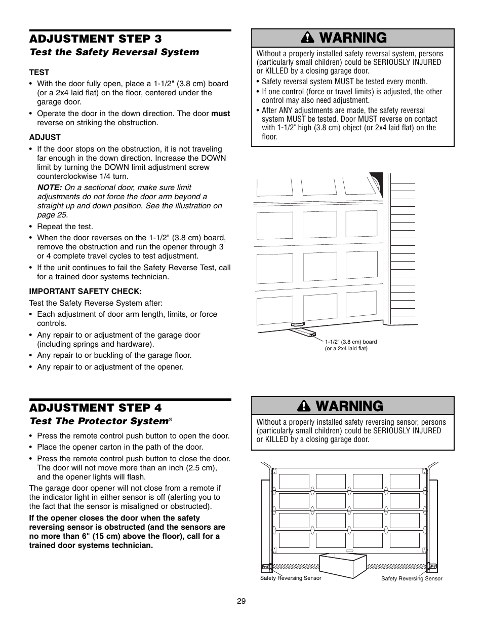 Test the safety reversal system, Test the protector system, Adjustment step 3 | Adjustment step 4 | Chamberlain 995XD User Manual | Page 29 / 40
