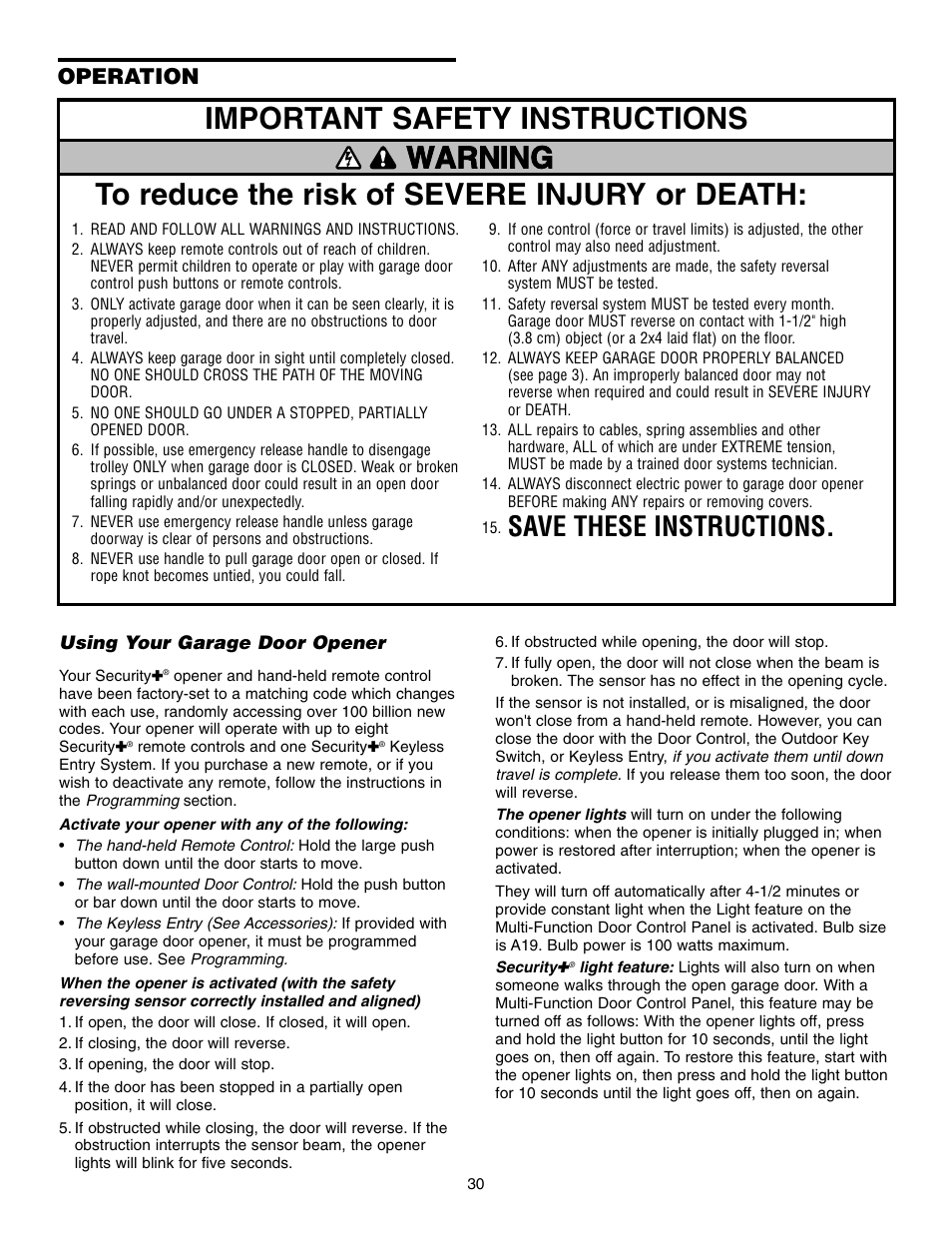 Operation, Using your garage door opener, Save these instructions | Chamberlain 995XD User Manual | Page 30 / 40