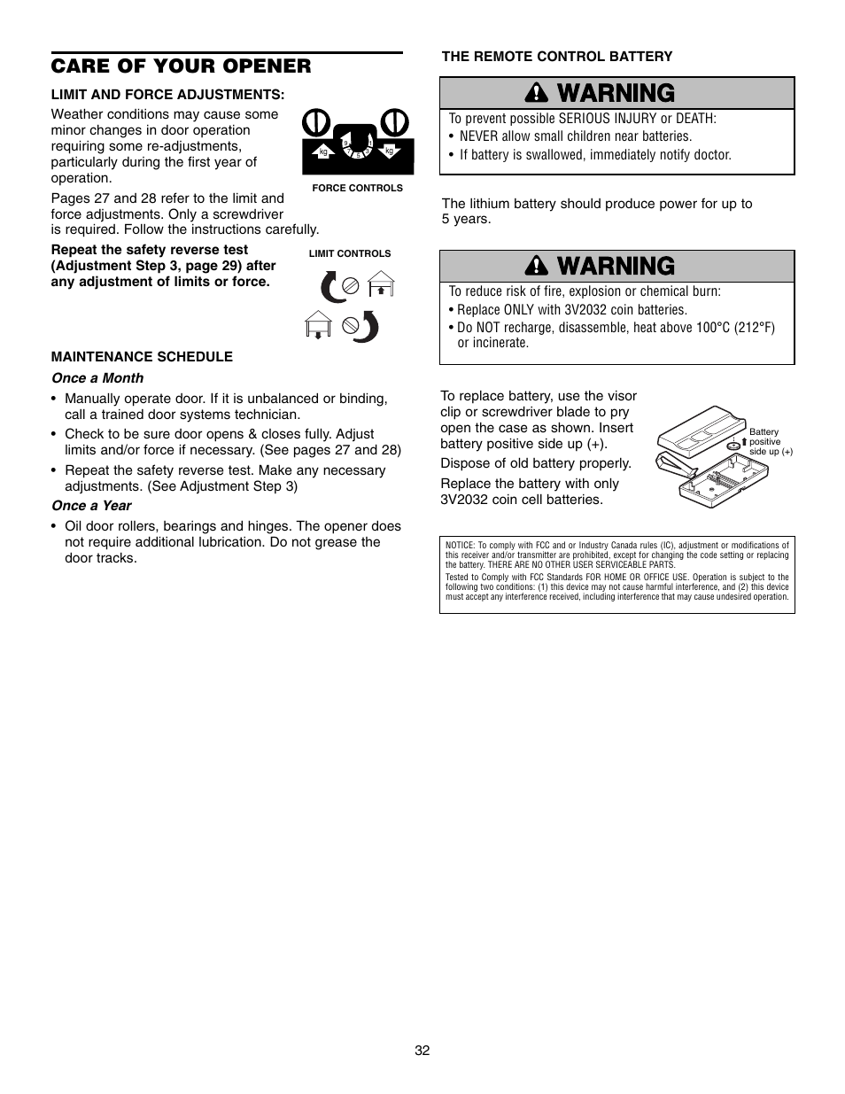 Care of your opener, Warning caution warning warning | Chamberlain 995XD User Manual | Page 32 / 40