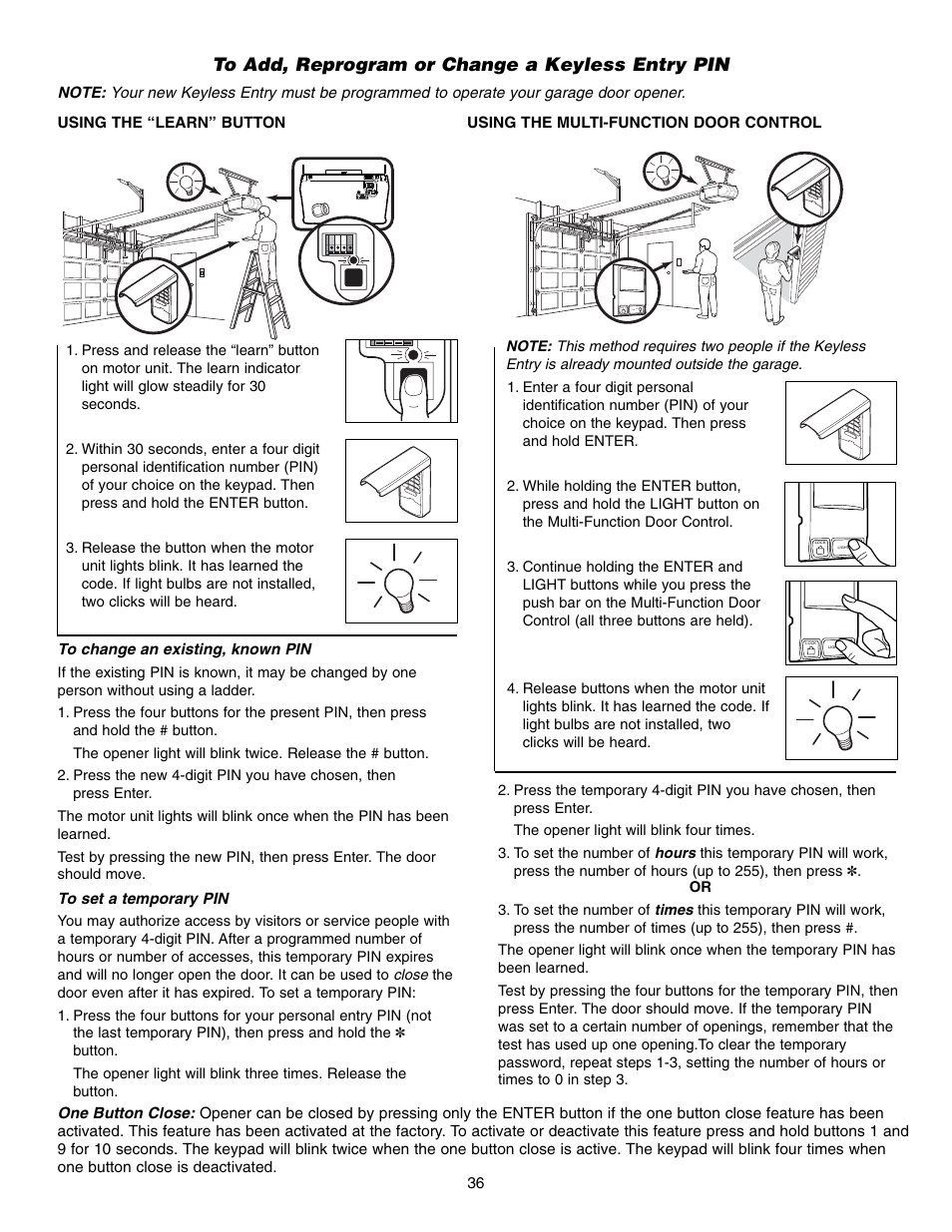 To add, reprogram or change a keyless entry pin | Chamberlain 995XD User Manual | Page 36 / 40