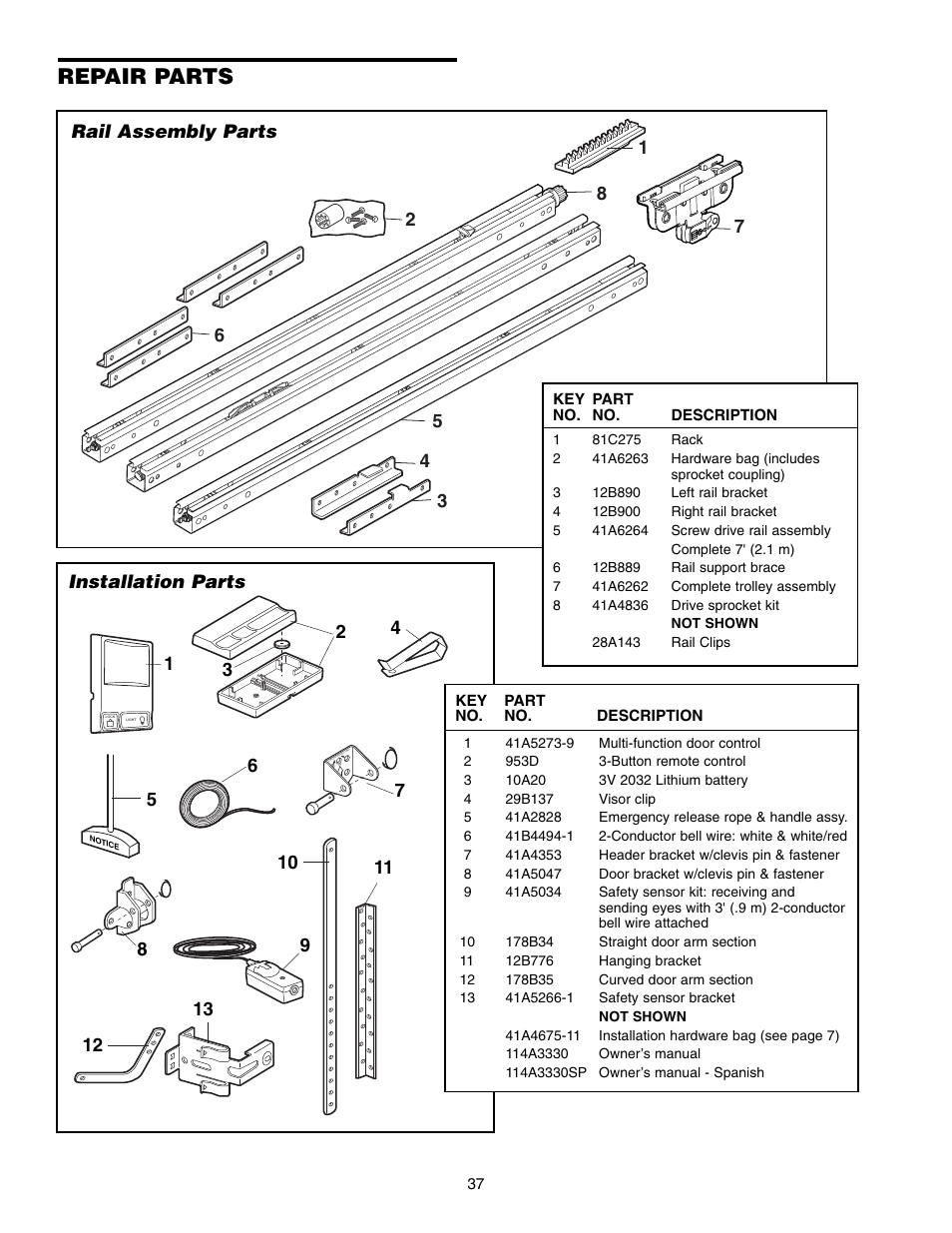 Repair parts, Rail assembly parts, Installation parts | Chamberlain 995XD User Manual | Page 37 / 40