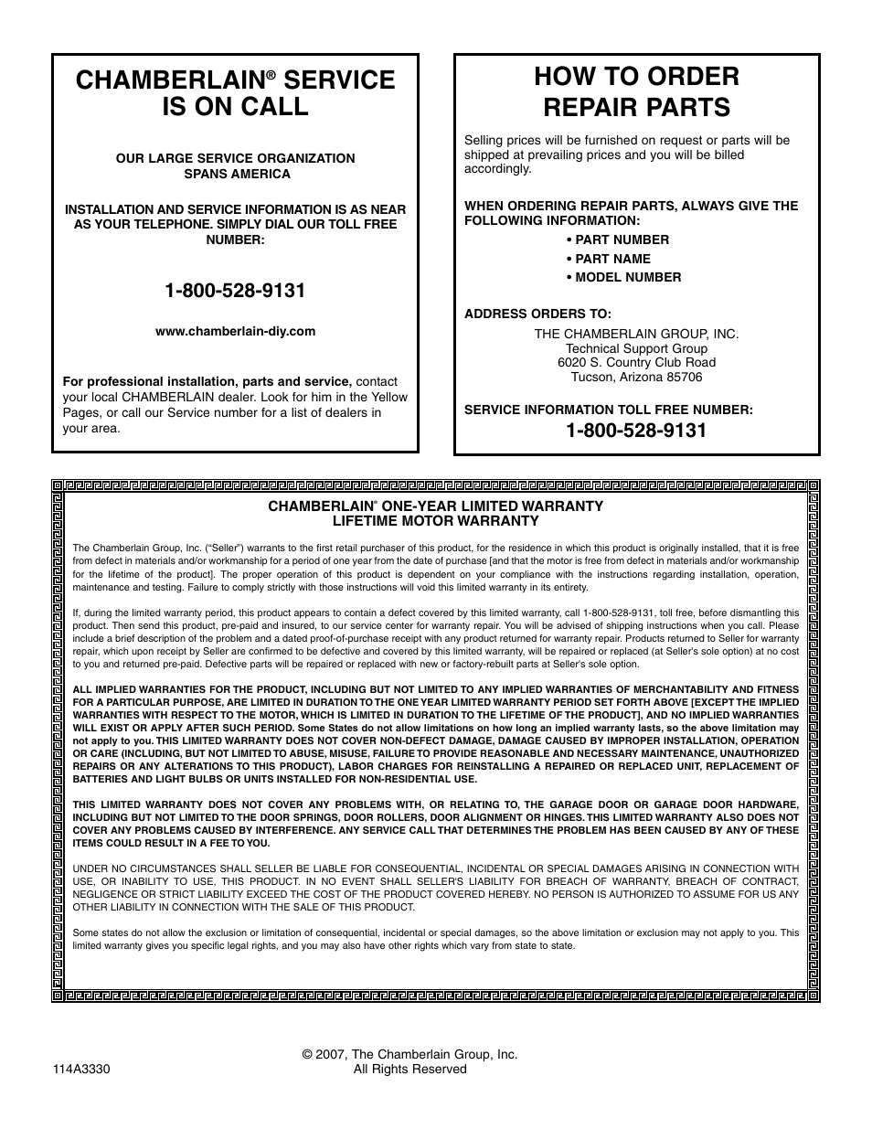 Chamberlain® service is on call, How to order repair parts, Warranty | Chamberlain, Service is on call | Chamberlain 995XD User Manual | Page 40 / 40