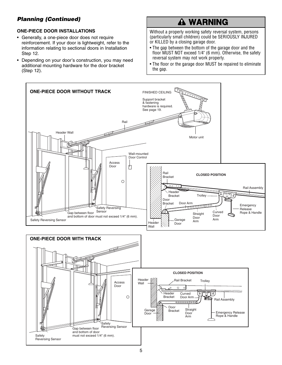 One-piece door installations, Warning caution warning warning, Planning (continued) | Chamberlain 995XD User Manual | Page 5 / 40