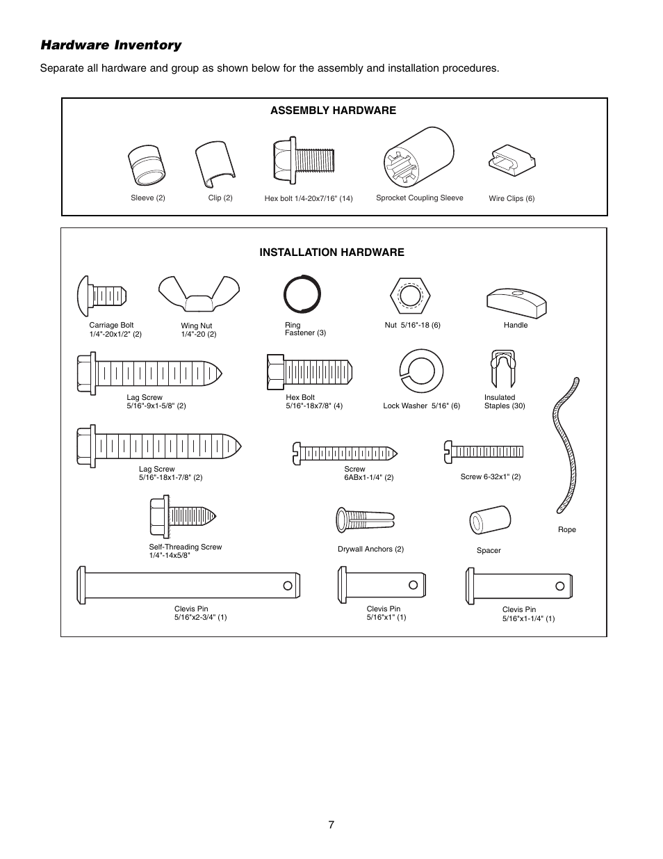 Hardware inventory, Installation hardware, Assembly hardware | Chamberlain 995XD User Manual | Page 7 / 40