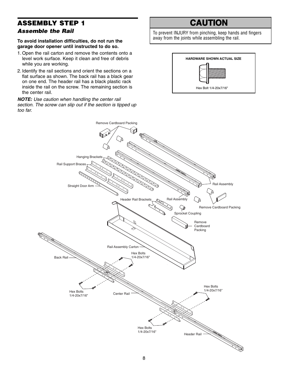 Assembly, Assemble the rail, Warning caution warning warning | Assembly step 1 | Chamberlain 995XD User Manual | Page 8 / 40