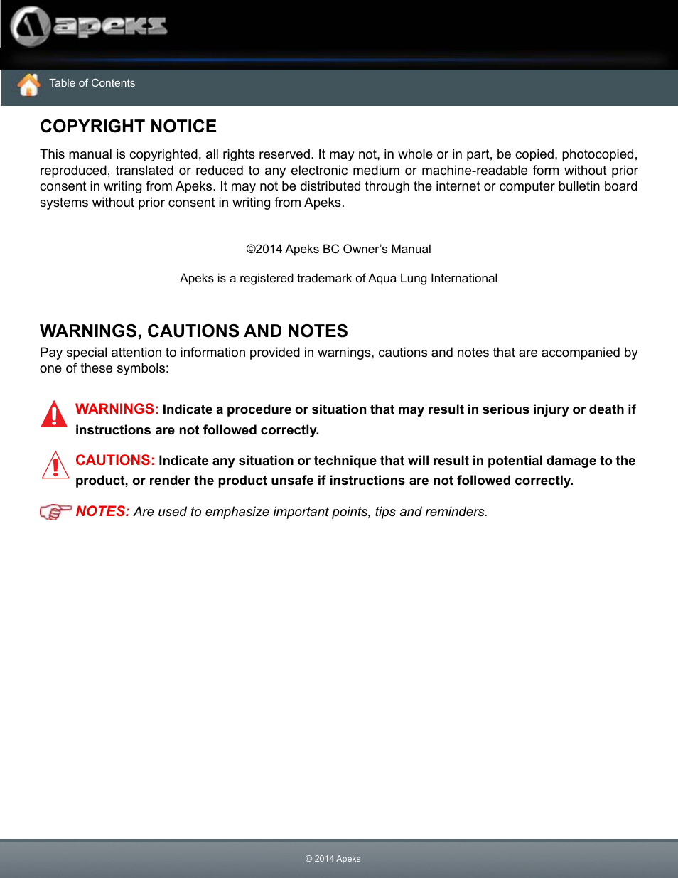 Copyright notice, Warnings, cautions and notes | Aqua Lung WTX Buoyancy System User Manual | Page 2 / 42