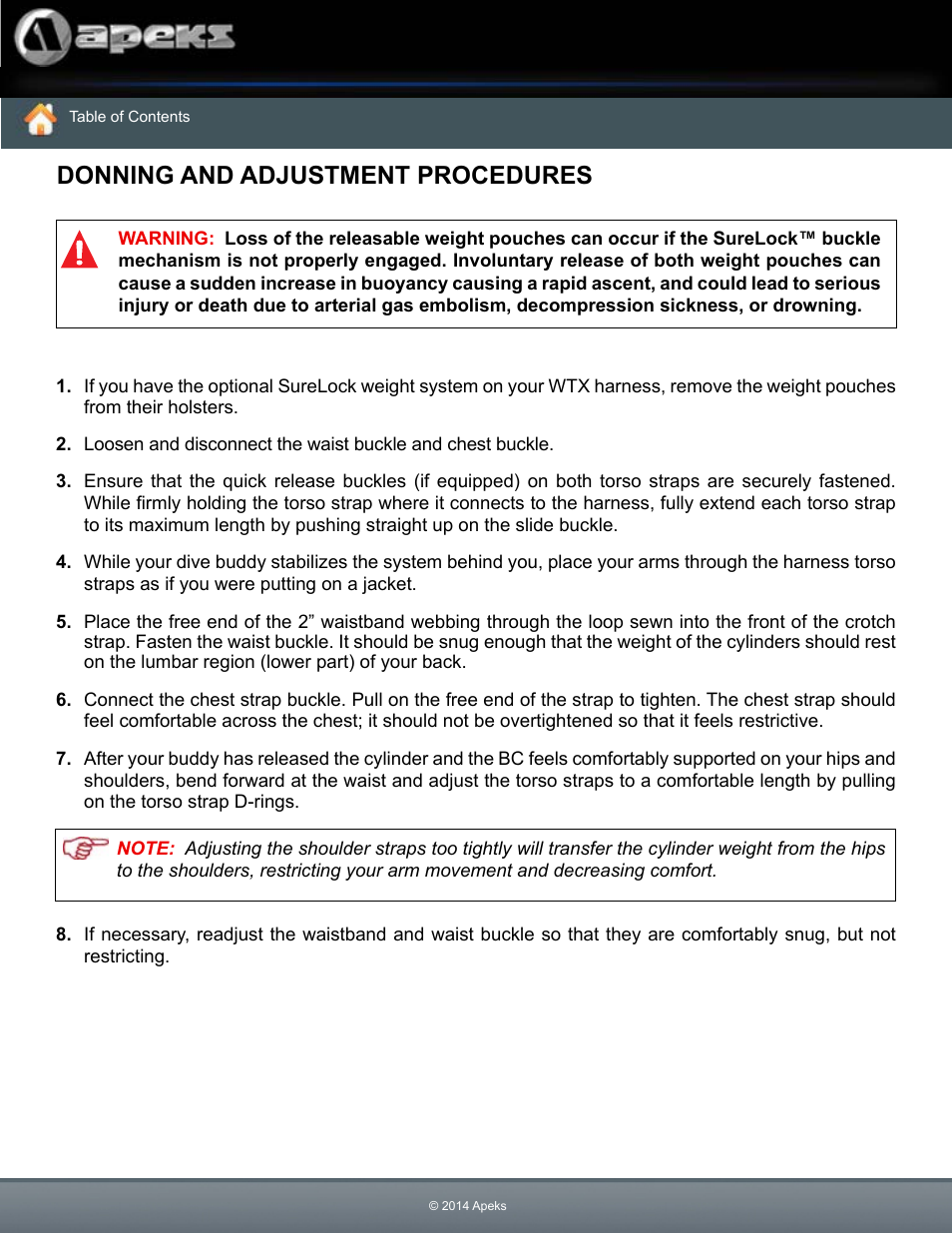 Donning and adjustment, Donning and adjustment procedures | Aqua Lung WTX Buoyancy System User Manual | Page 40 / 42