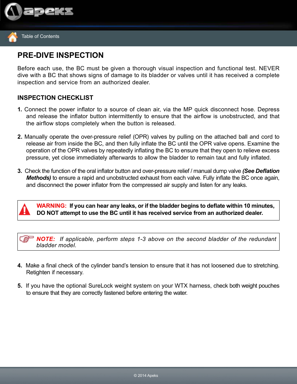 Predive inspection bc inspection checklist, Pre-dive inspection | Aqua Lung WTX Buoyancy System User Manual | Page 41 / 42