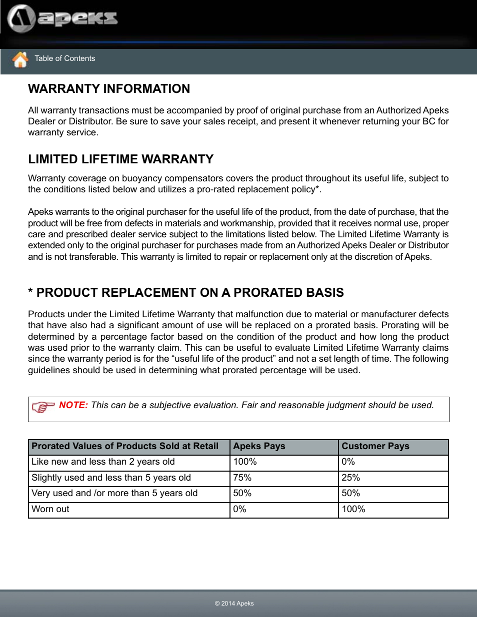 Warranty information, Limited lifetime warranty, Product replacement on a prorated basis | Aqua Lung WTX Buoyancy System User Manual | Page 8 / 42