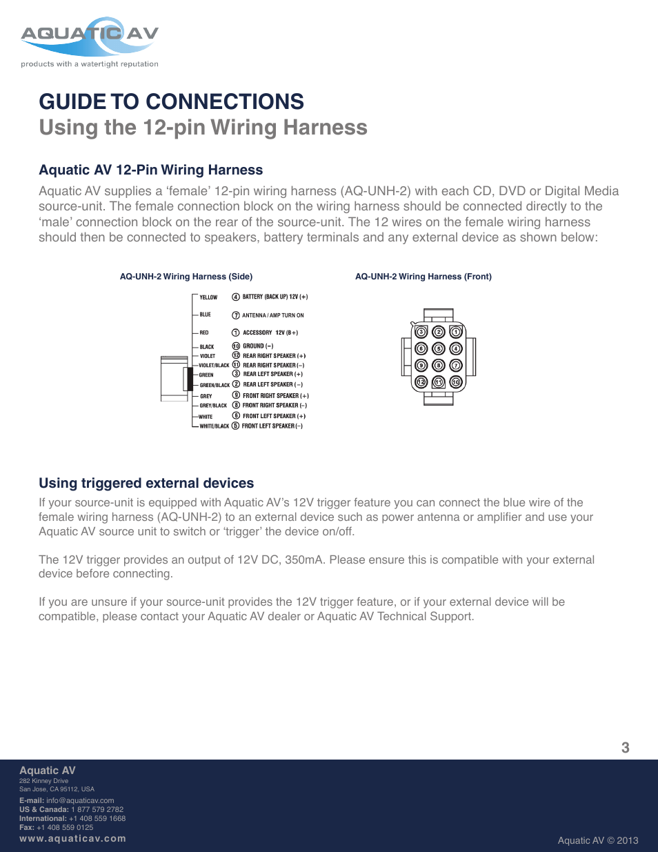 Aquatic av 12-pin wiring harness, Using triggered external devices | Aquatic AV Harness Speaker User Manual | Page 3 / 8
