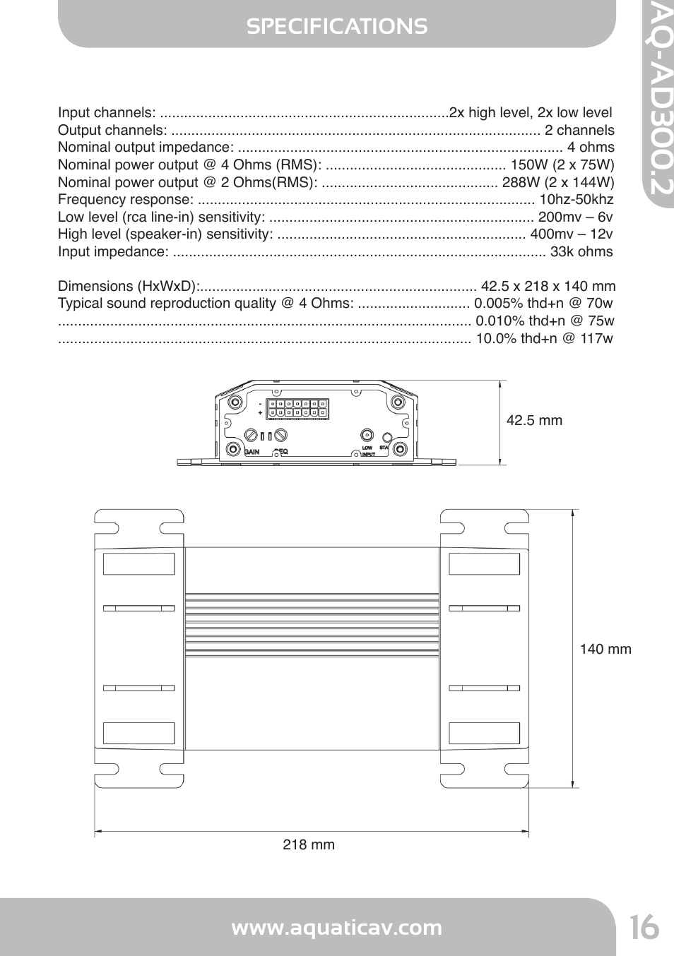 Aq-ad300.2, Specifications | Aquatic AV AQ-AD300.2 User Manual | Page 16 / 18