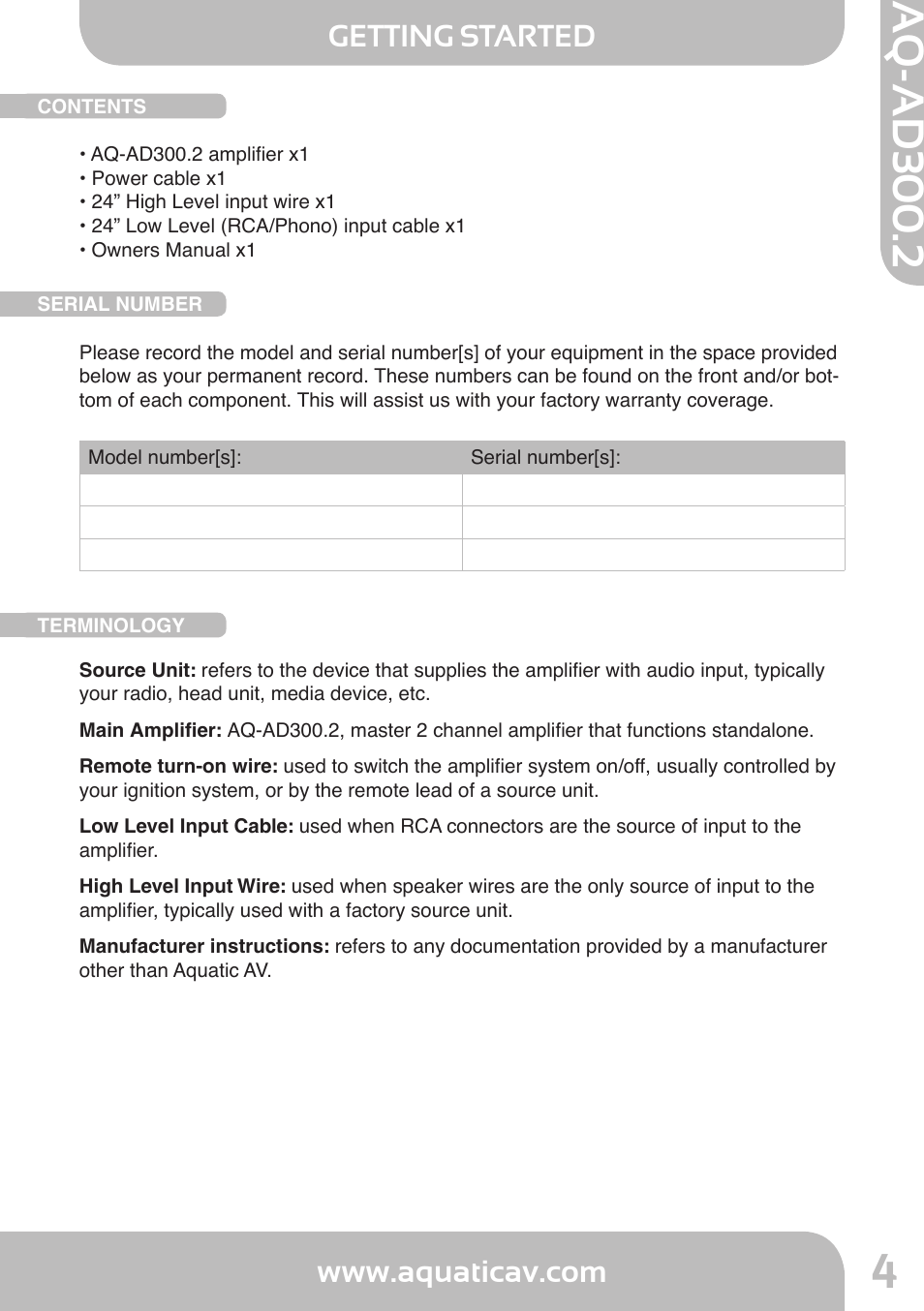 Aq-ad300.2, Getting started | Aquatic AV AQ-AD300.2 User Manual | Page 4 / 18