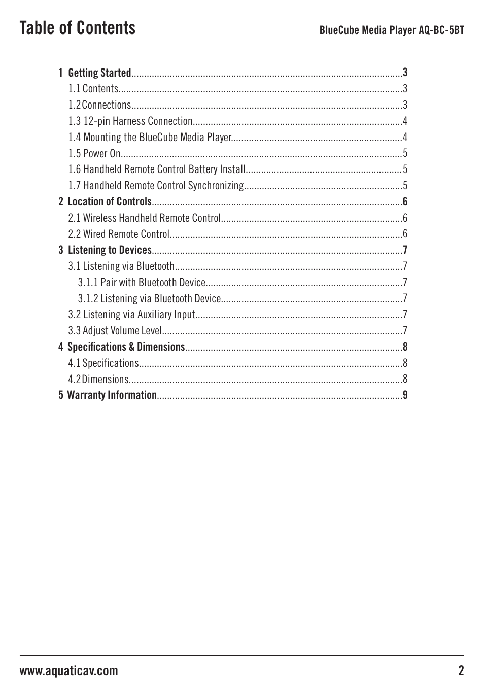 Aquatic AV AQ-BC-5BT User Manual | Page 2 / 11