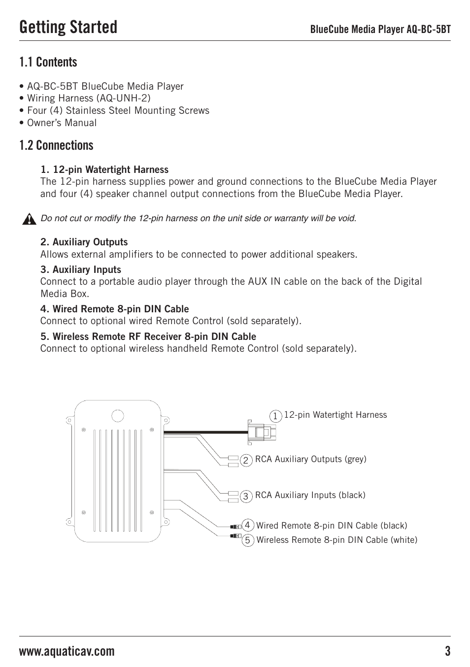 Getting started, 1 contents, 2 connections | Aquatic AV AQ-BC-5BT User Manual | Page 3 / 11