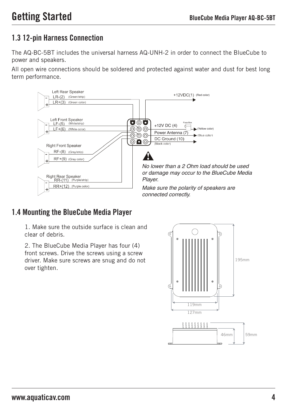 Getting started, 3 12-pin harness connection, 4 mounting the bluecube media player | Bluecube media player aq-bc-5bt | Aquatic AV AQ-BC-5BT User Manual | Page 4 / 11
