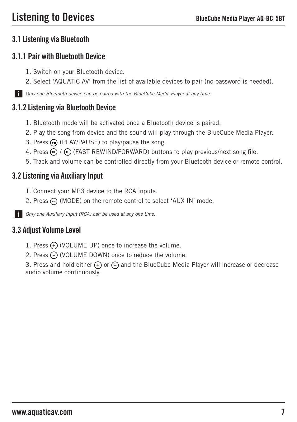 Listening to devices | Aquatic AV AQ-BC-5BT User Manual | Page 7 / 11
