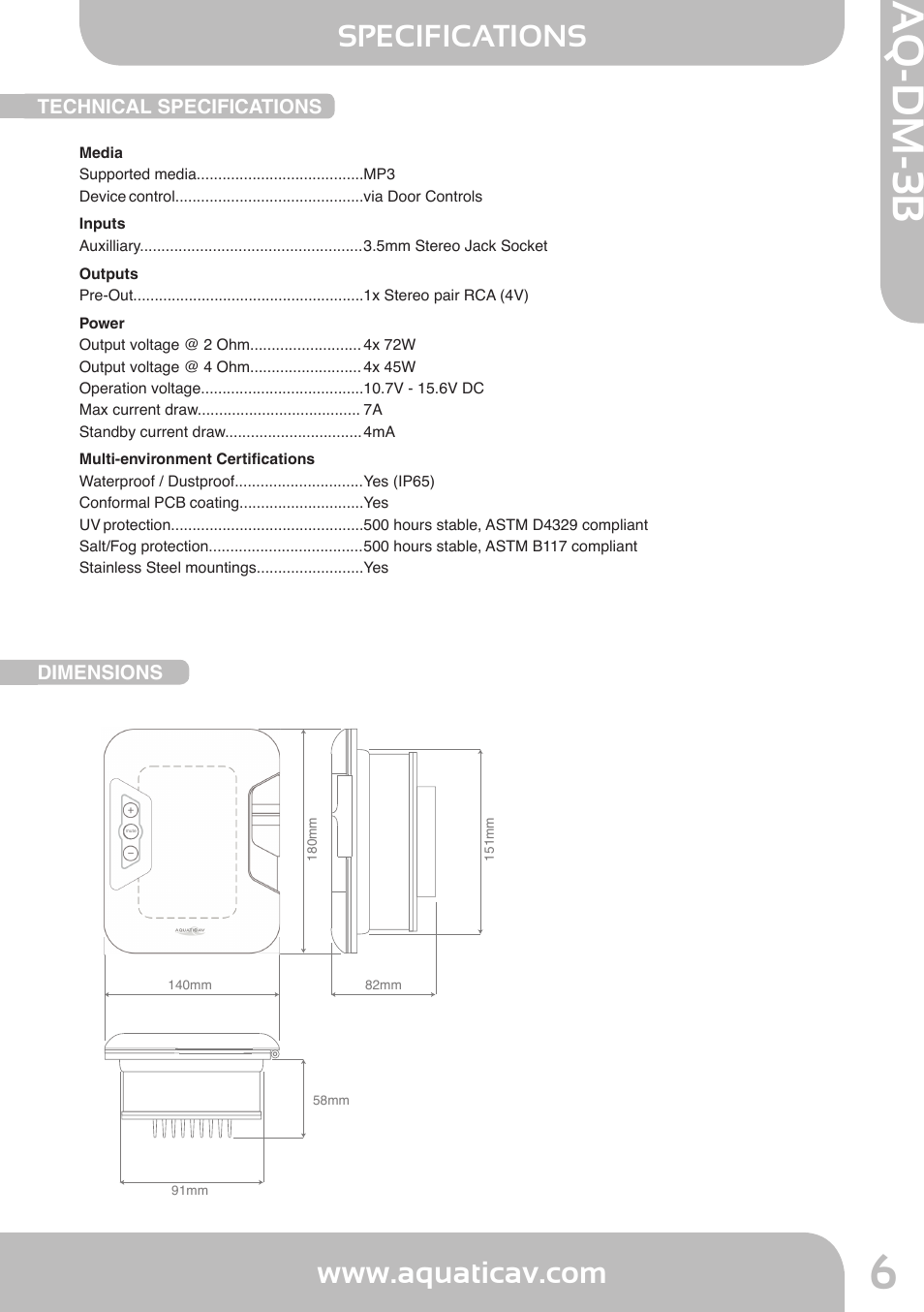 Aq-dm-3b, Specifications | Aquatic AV AQ-DM-3B User Manual | Page 6 / 8