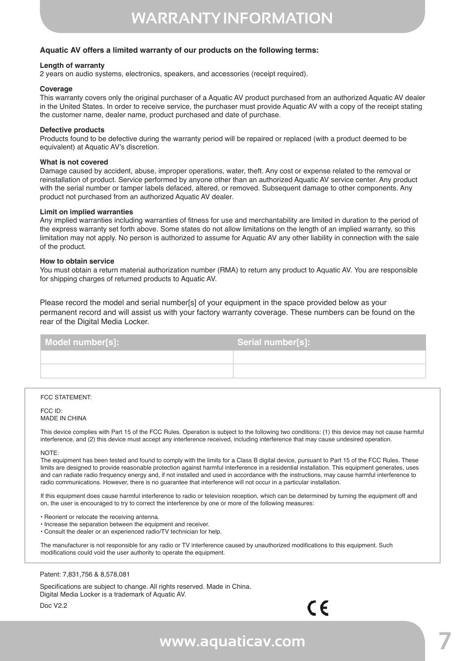 Warranty information | Aquatic AV AQ-DM-3B User Manual | Page 7 / 8