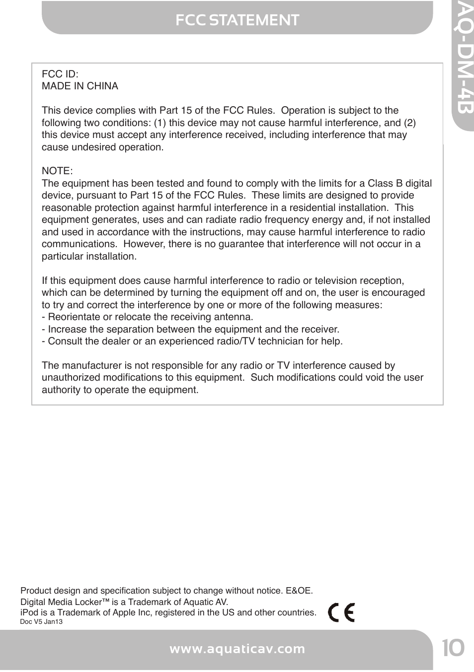 Aq -d m -4, Aq-dm-4b, Fcc statement | Getting started | Aquatic AV AQ-DM-4B User Manual | Page 11 / 12