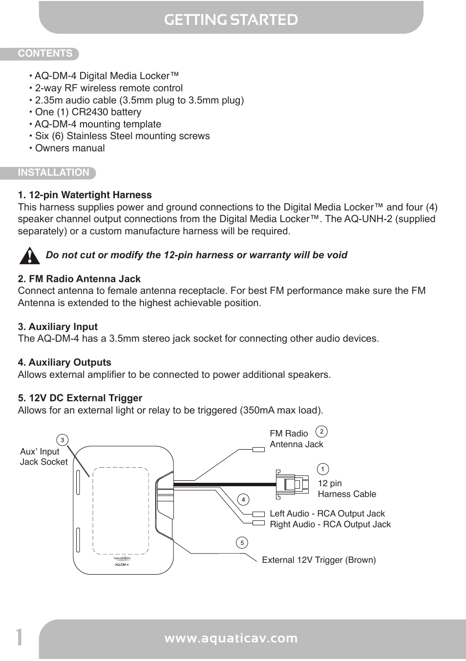 Aq -d m -4, Fcc statement, Getting started | Aquatic AV AQ-DM-4B User Manual | Page 2 / 12