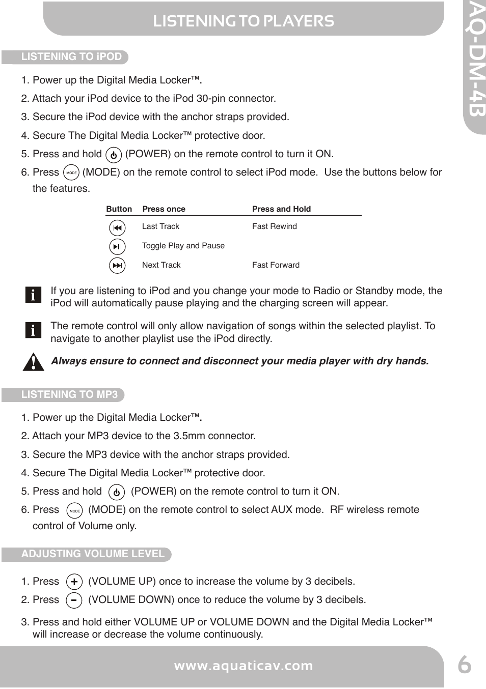 Aq -d m -4, Aq-dm-4b, Listening to players | Location of controls | Aquatic AV AQ-DM-4B User Manual | Page 7 / 12