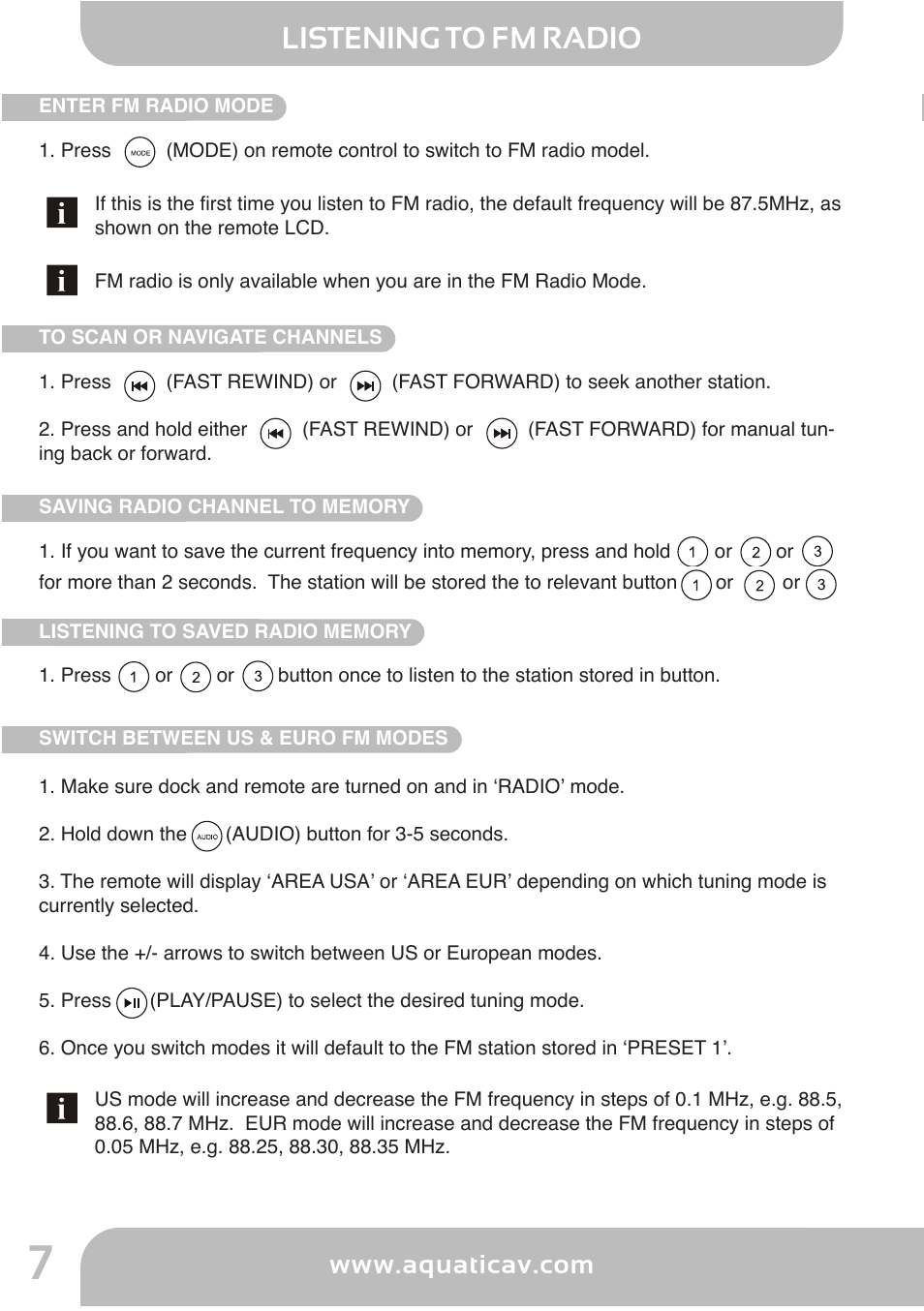 Aq -d m -4, Listening to fm radio, Location of controls | Aquatic AV AQ-DM-4B User Manual | Page 8 / 12