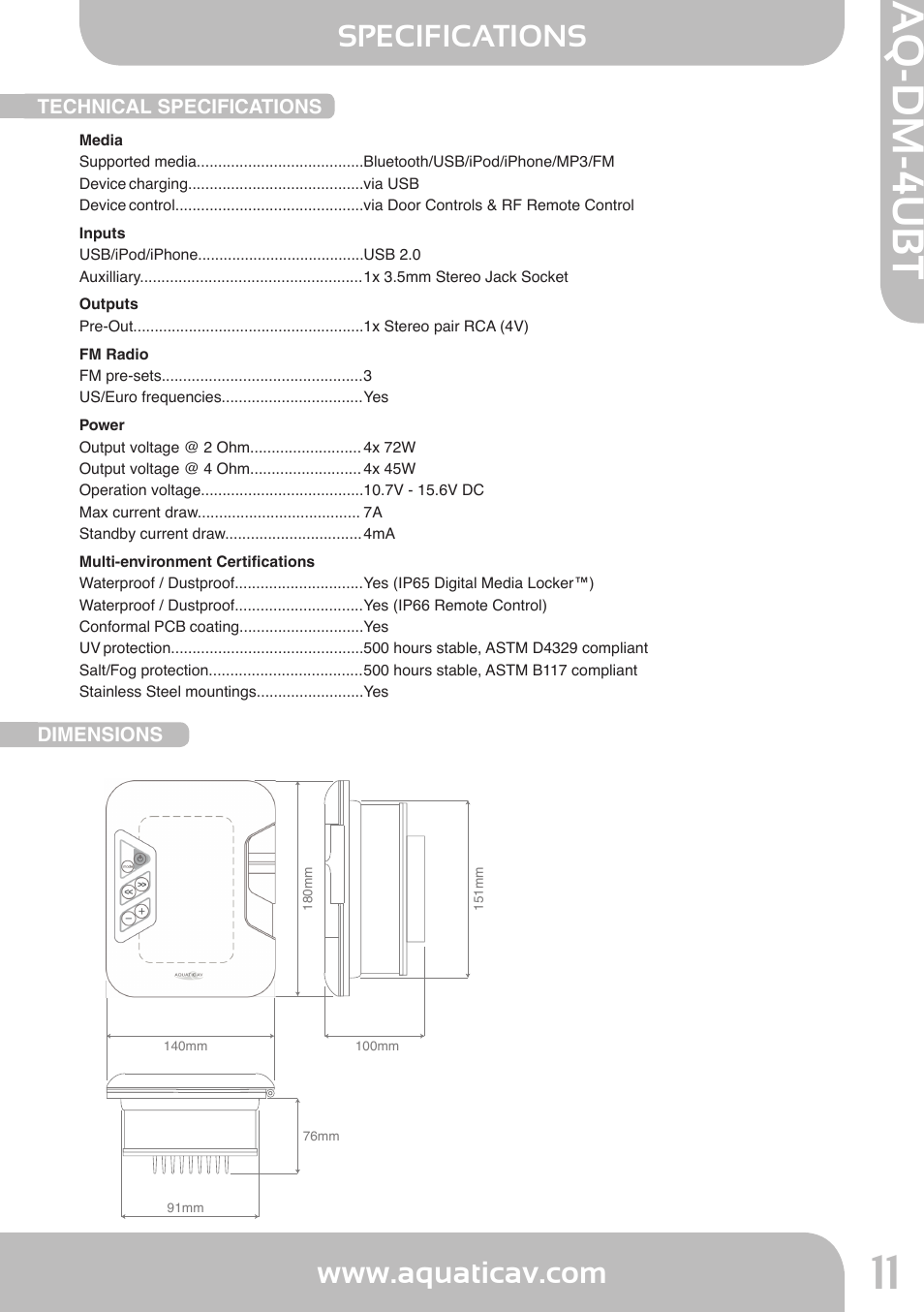 Aq-dm-4ubt, Specifications | Aquatic AV AQ-DM-4UBT User Manual | Page 11 / 14