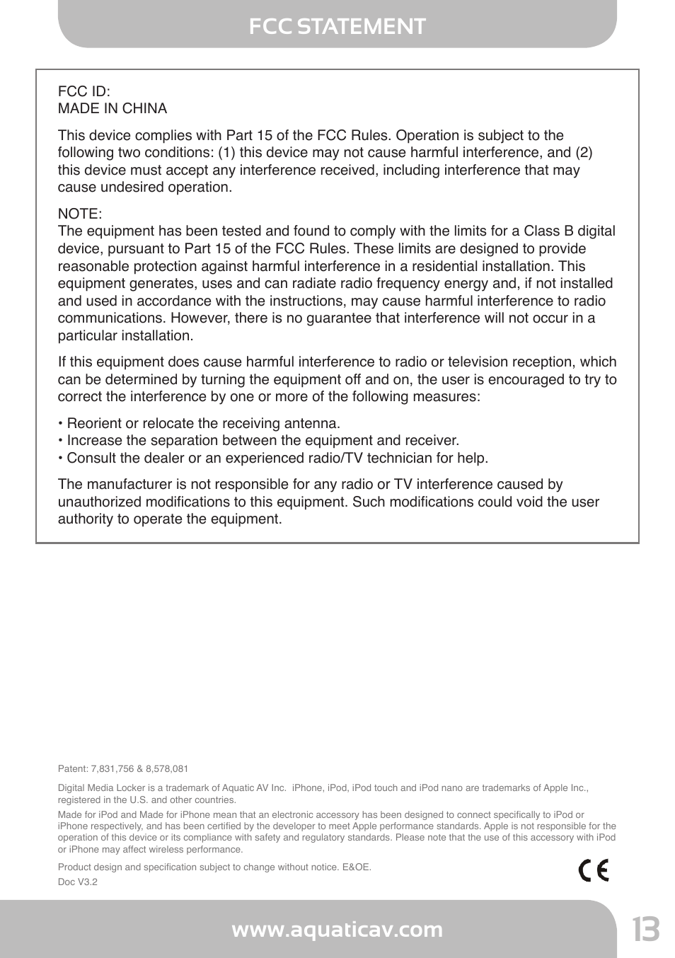 Fcc statement | Aquatic AV AQ-DM-4UBT User Manual | Page 13 / 14