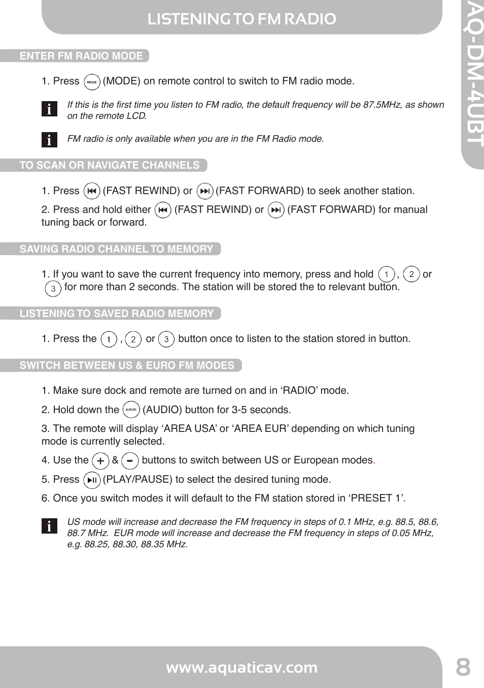 Aq-dm-4ubt, Listening to fm radio | Aquatic AV AQ-DM-4UBT User Manual | Page 8 / 14