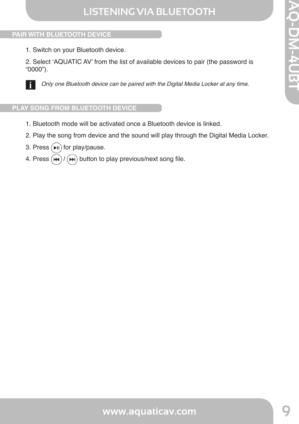 Aq-dm-4ubt, Listening via bluetooth | Aquatic AV AQ-DM-4UBT User Manual | Page 9 / 14